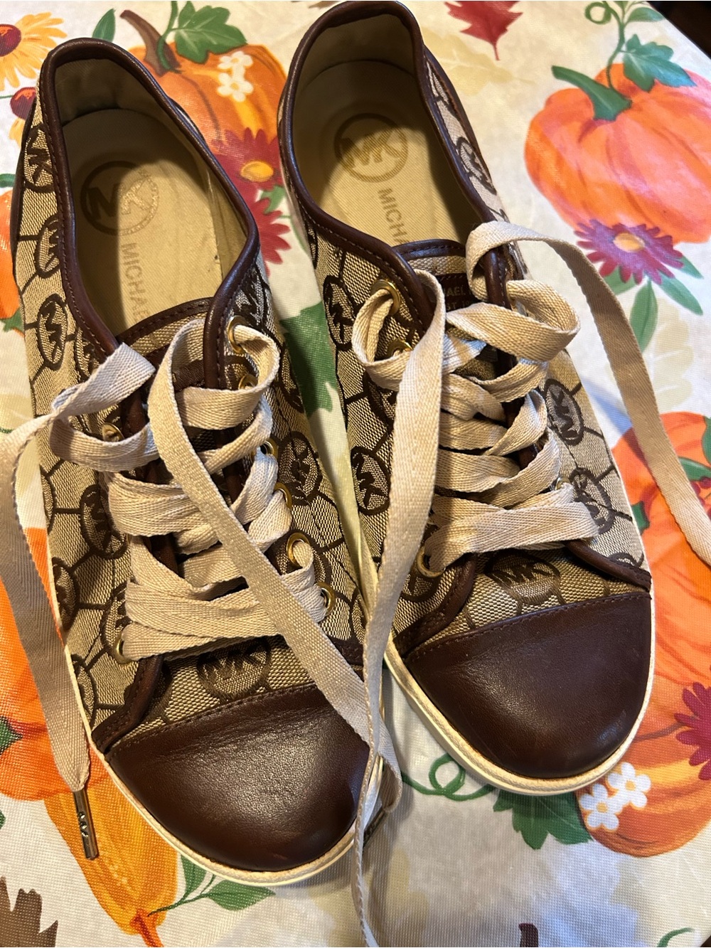 Michael Kors Beige Logo Canvas and Brown Leather Lace-Up Sneakers